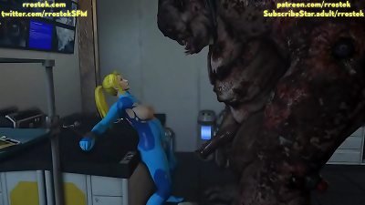 Samus Aran constrained and smashed by multiple abominable Creatures stomach full salute 3d
