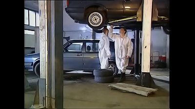 High class chick smashed by mechanics in garage