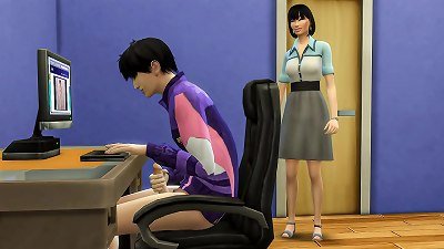 chinese mom catches her stepson wanking in front of the computer whatching pornography vids and then helps him have hump with her for the very first time - asian mother