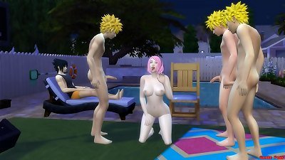 Sakura screwed by the clones of Naruto gang-bang in front of husband Sleeping cuckold