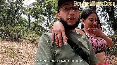 While we were taking a walk in the woods, my friend's tramp wants to have some fun and lets herself be penetrated outdoors without a condom